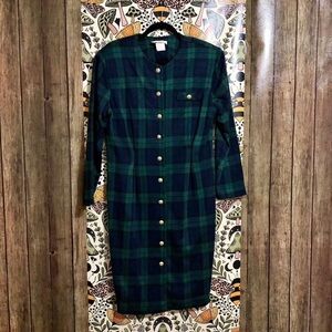 Vintage green midi dress, gold button front, women’s size 10